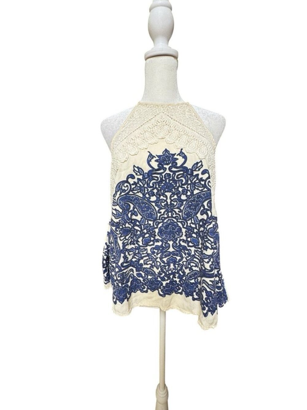 Altar’d State Halter Tank Top Small White Blue Embroidered Lace Boho